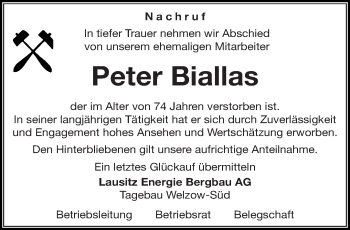 Traueranzeige von Peter Biallas von lausitzer_rundschau