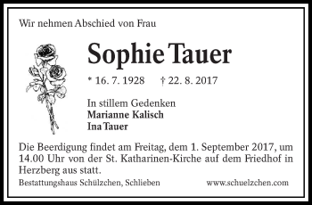 Traueranzeige von Sophie Tauer von lausitzer_rundschau