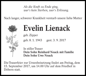 Traueranzeige von Evelin Lienack von lausitzer_rundschau