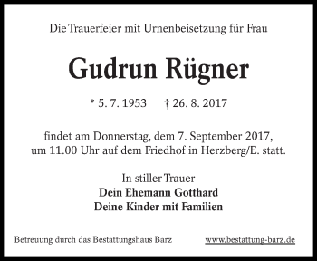 Traueranzeige von Gudrun Rügner von lausitzer_rundschau