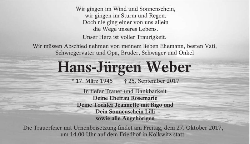  Traueranzeige für Hans-Jürgen Weber vom 29.09.2017 aus lausitzer_rundschau