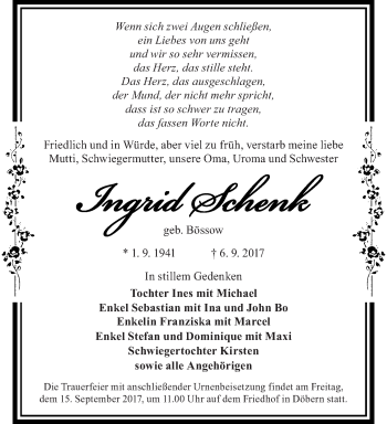 Traueranzeige von Ingrid Schenk von lausitzer_rundschau