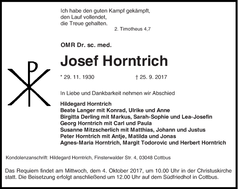  Traueranzeige für Josef Horntrich vom 28.09.2017 aus lausitzer_rundschau