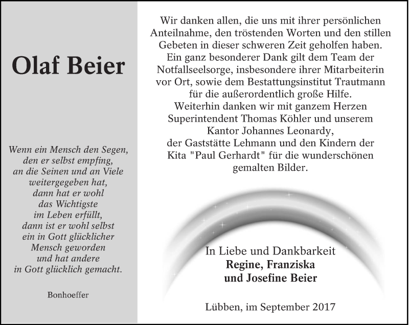  Traueranzeige für Olaf Beier vom 16.09.2017 aus lausitzer_rundschau