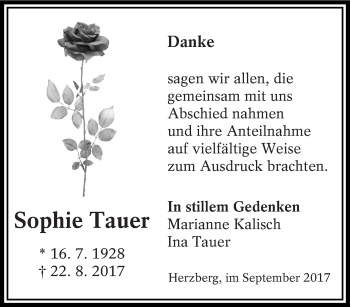 Traueranzeige von Sophie Tauer von lausitzer_rundschau