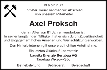 Traueranzeige von Axel Proksch von lausitzer_rundschau