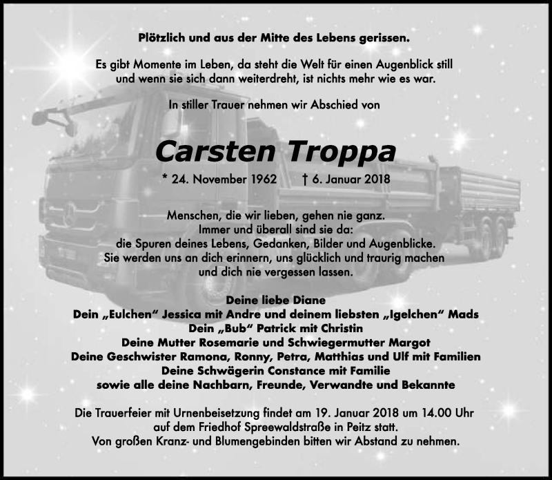  Traueranzeige für Carsten Troppa vom 12.01.2018 aus lausitzer_rundschau