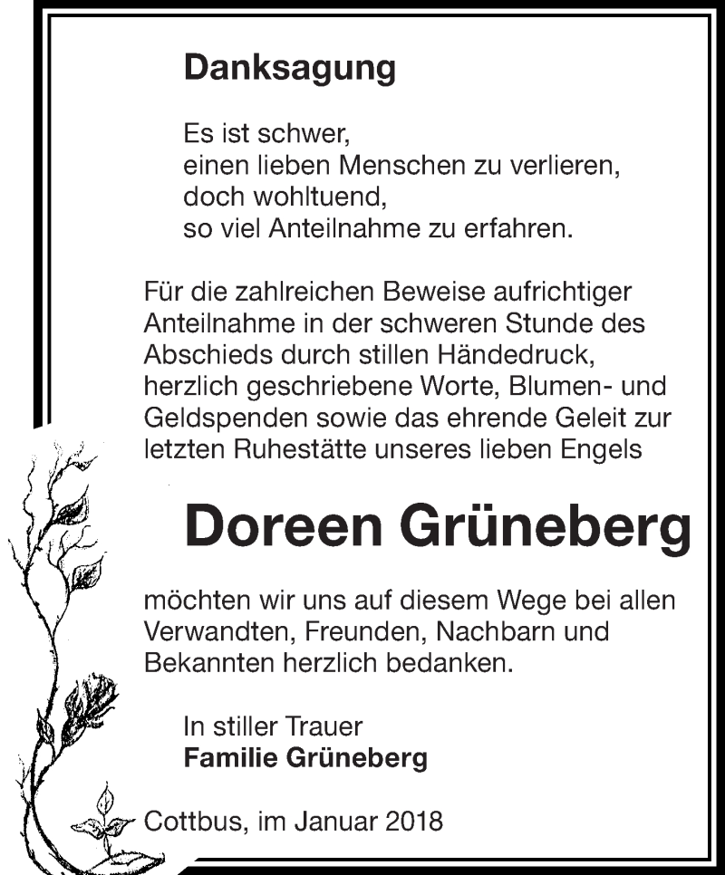  Traueranzeige für Doreen Grüneberg vom 27.01.2018 aus lausitzer_rundschau