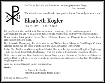 Traueranzeige von Elisabeth Kögler von lausitzer_rundschau