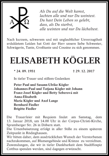 Traueranzeige von Elisabeth Kögler von lausitzer_rundschau