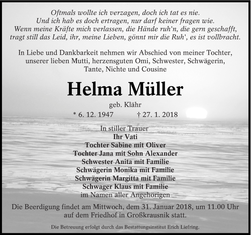  Traueranzeige für Helma Müller vom 30.01.2018 aus lausitzer_rundschau