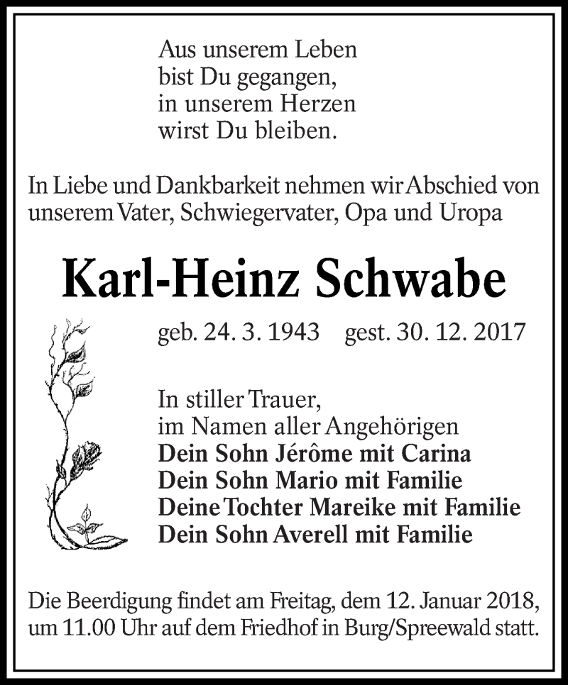  Traueranzeige für Karl-Heinz Schwabe vom 09.01.2018 aus lausitzer_rundschau