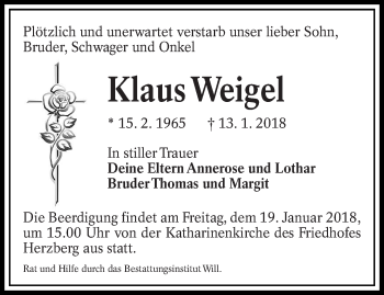 Traueranzeige von Klaus Weigel von lausitzer_rundschau