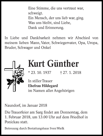 Traueranzeige von Kurt Günther von lausitzer_rundschau