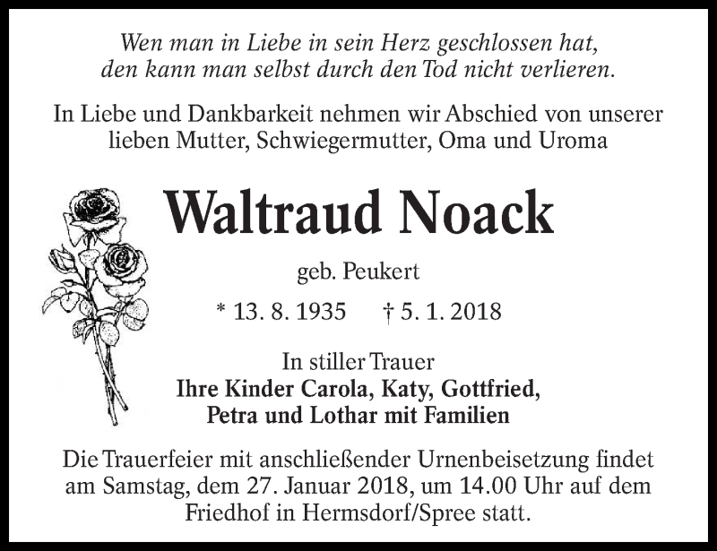  Traueranzeige für Waltraud Noack vom 10.01.2018 aus lausitzer_rundschau
