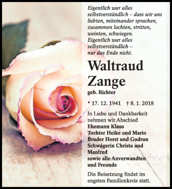 Traueranzeige von Waltraud Zange von lausitzer_rundschau
