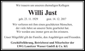 Traueranzeige von Willi Just von lausitzer_rundschau