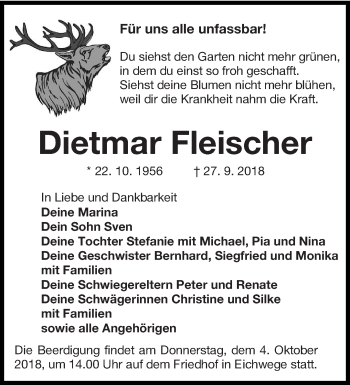 Traueranzeige von Dietmar Fleischer von lausitzer_rundschau