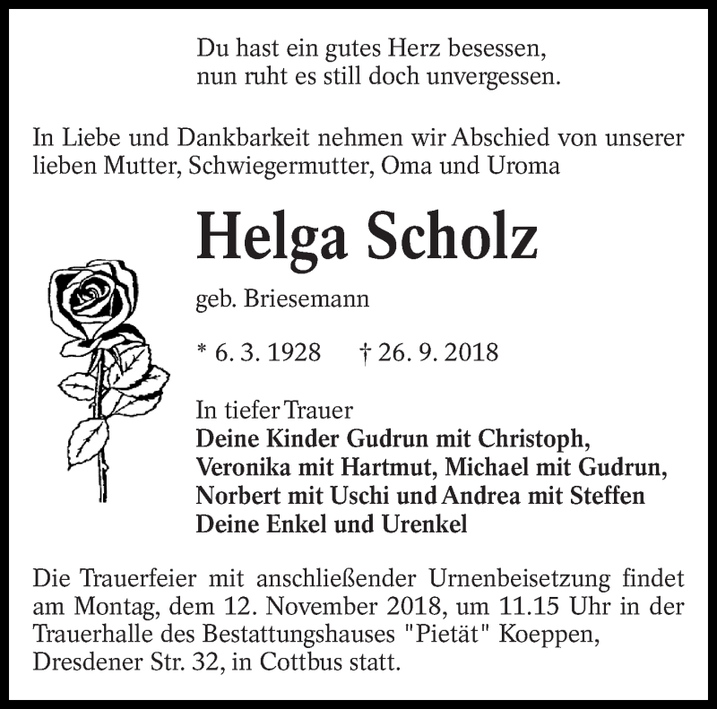  Traueranzeige für Helga Scholz vom 20.10.2018 aus lausitzer_rundschau