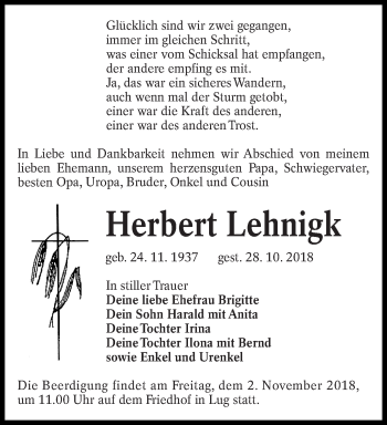 Traueranzeige von Herbert Lehnigk von lausitzer_rundschau