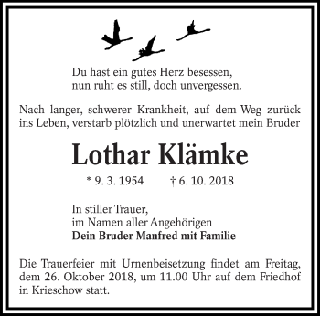 Traueranzeige von Lothar Klämke von lausitzer_rundschau