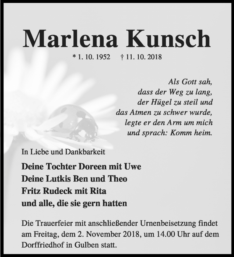  Traueranzeige für Marlena Kunsch vom 27.10.2018 aus lausitzer_rundschau
