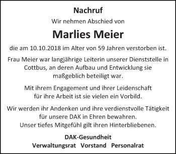 Traueranzeige von Marlies Meier von lausitzer_rundschau