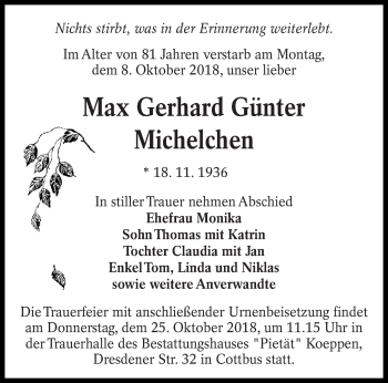 Traueranzeige von Max Gerhard Günter Michelchen von lausitzer_rundschau