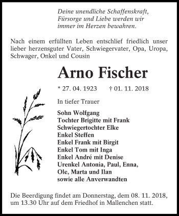 Traueranzeige von Arno Fischer von lausitzer_rundschau