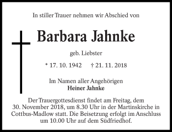 Traueranzeige von Barbara Jahnke von lausitzer_rundschau