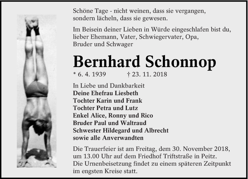  Traueranzeige für Bernhard Schonnop vom 28.11.2018 aus lausitzer_rundschau