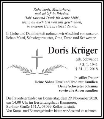 Traueranzeige von Doris Krüger von lausitzer_rundschau