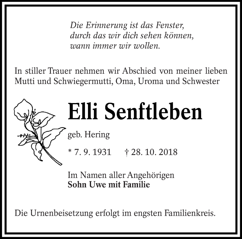  Traueranzeige für Elli Senftleben vom 10.11.2018 aus lausitzer_rundschau