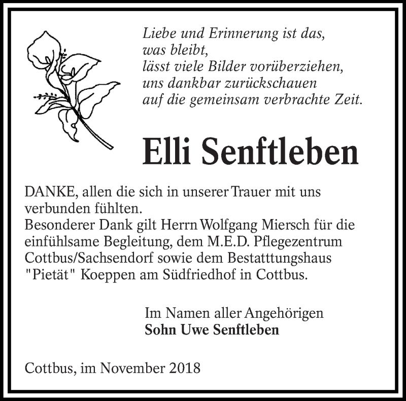  Traueranzeige für Elli Senftleben vom 17.11.2018 aus lausitzer_rundschau