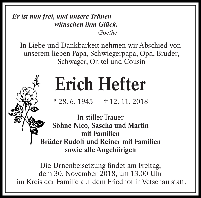  Traueranzeige für Erich Hefter vom 24.11.2018 aus lausitzer_rundschau