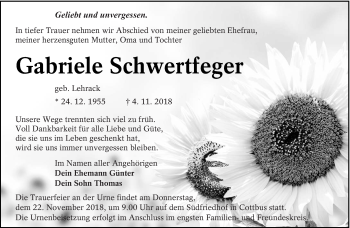 Traueranzeige von Gabriele Schwertfeger von lausitzer_rundschau