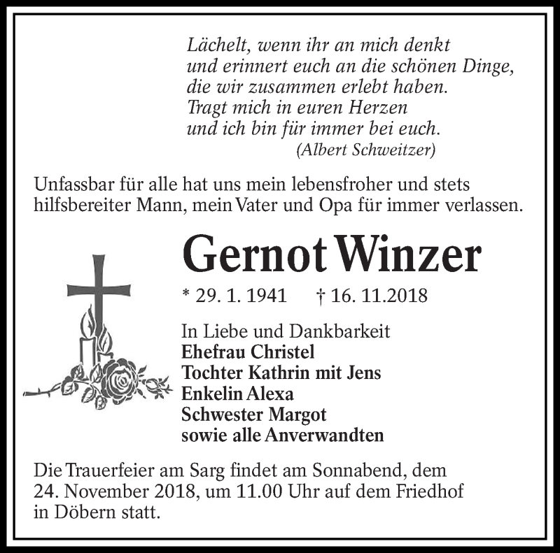  Traueranzeige für Gernot Winzer vom 21.11.2018 aus lausitzer_rundschau
