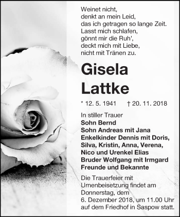 Traueranzeige von Gisela Lattke von lausitzer_rundschau