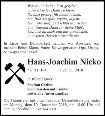 Traueranzeige von Hans-Joachim Nicko von lausitzer_rundschau