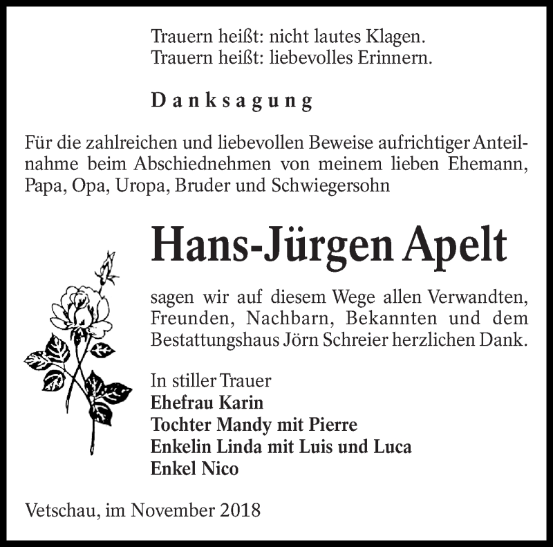  Traueranzeige für Hans-Jürgen Apelt vom 17.11.2018 aus lausitzer_rundschau