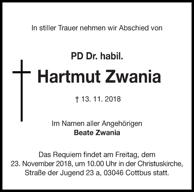  Traueranzeige für Hartmut Zwania vom 17.11.2018 aus lausitzer_rundschau