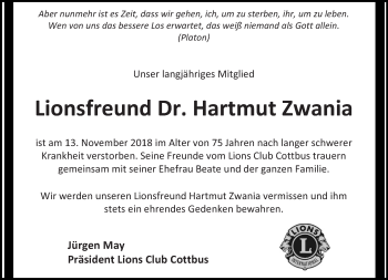 Traueranzeige von Hartmut Zwania von lausitzer_rundschau