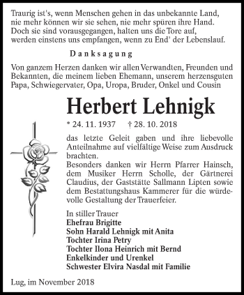 Traueranzeige von Herbert Lehnigk von lausitzer_rundschau