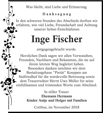 Traueranzeige von Inge Fischer von lausitzer_rundschau