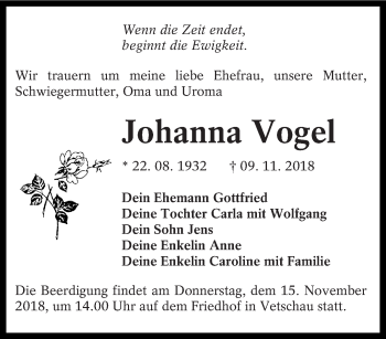Traueranzeige von Johanna Vogel von lausitzer_rundschau