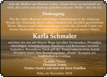 Traueranzeige von Karla Schmaler von lausitzer_rundschau