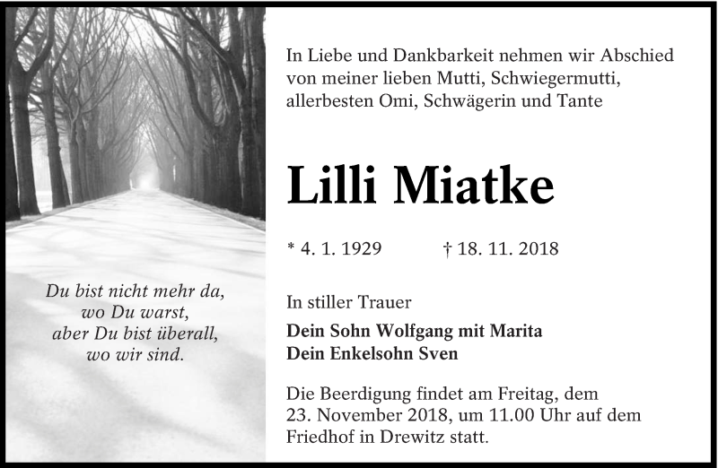  Traueranzeige für Lilli Miatke vom 20.11.2018 aus lausitzer_rundschau