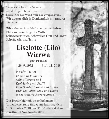 Traueranzeige von Liselotte Wirrwa von lausitzer_rundschau