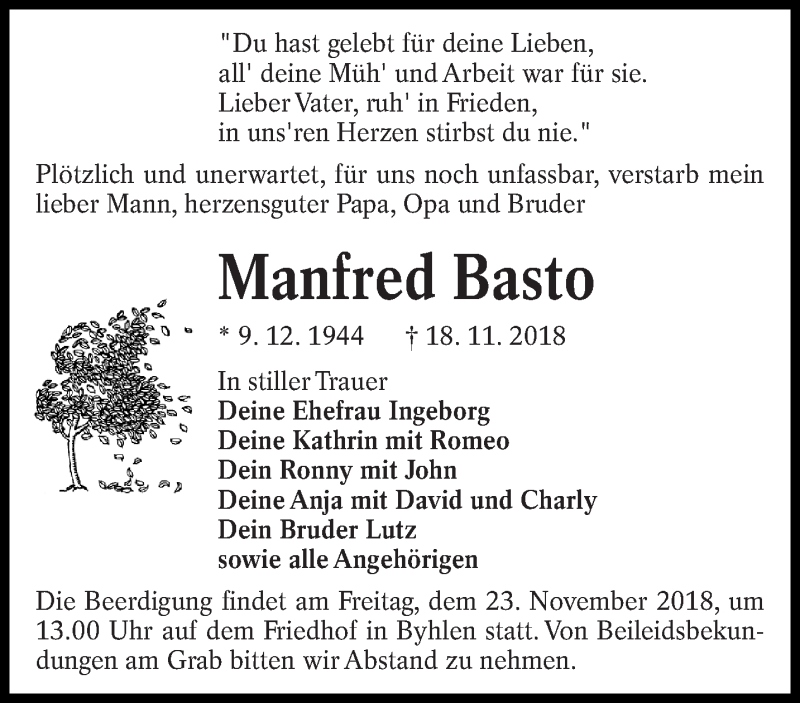  Traueranzeige für Manfred Basto vom 21.11.2018 aus lausitzer_rundschau