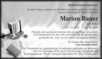 Traueranzeige von Marion Bauer von lausitzer_rundschau